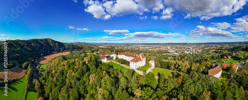 Aerial view of the Seggauberg Abbey in the southern Styria vinery region in Austria