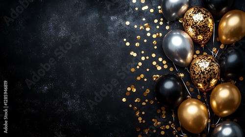Shiny party balloons and gold confetti on dark background present