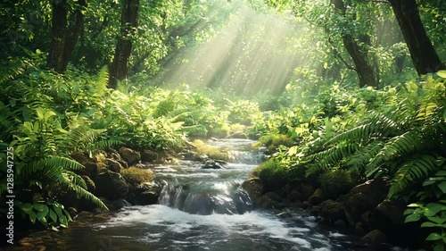 A forest landscape with a small stream flowing through dense vegetation. Ferns and other green plants grow around the stream. The sun's rays break through the trees, creating bright spots of light on 