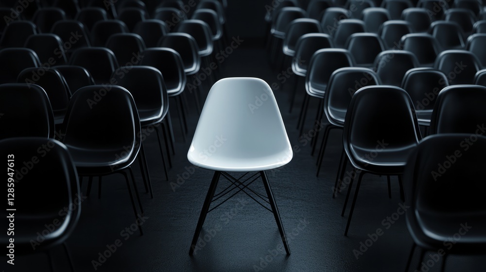 Obraz premium Distinctive white chair in a sea of black chairs, sleek dark studio, 3D render, symbolizing leadership 