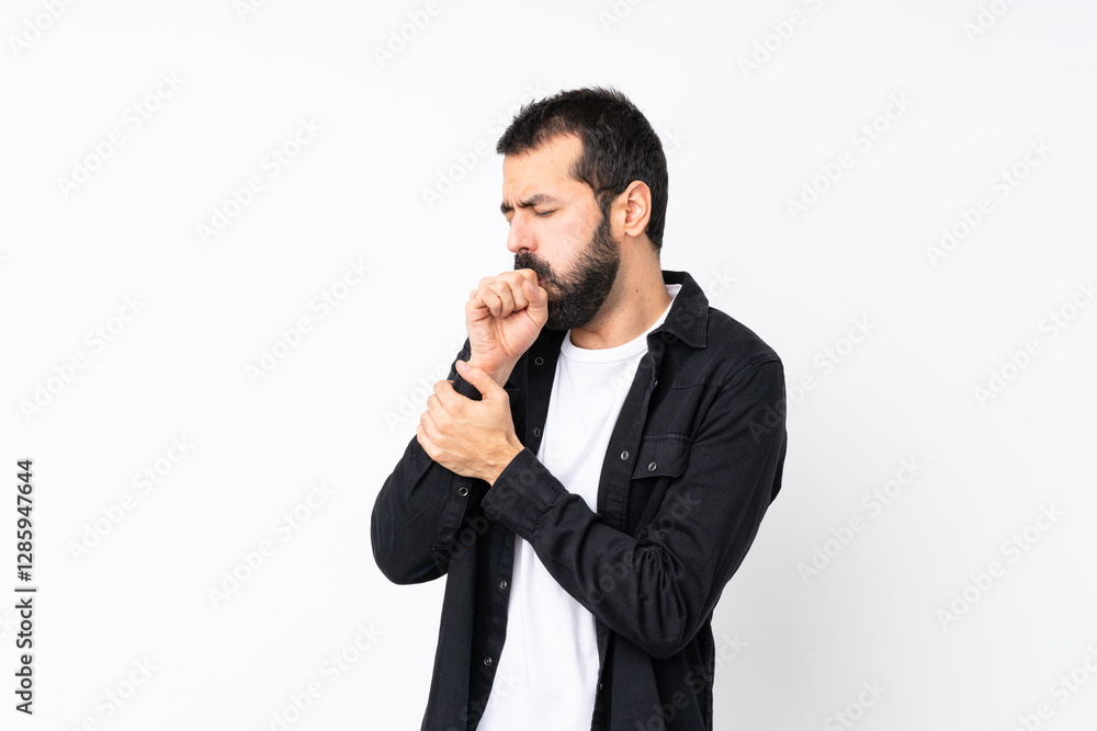 Young man with beard over isolated white background is suffering with cough and feeling bad Young man with beard over isolated white background is suffering with cough and feeling bad