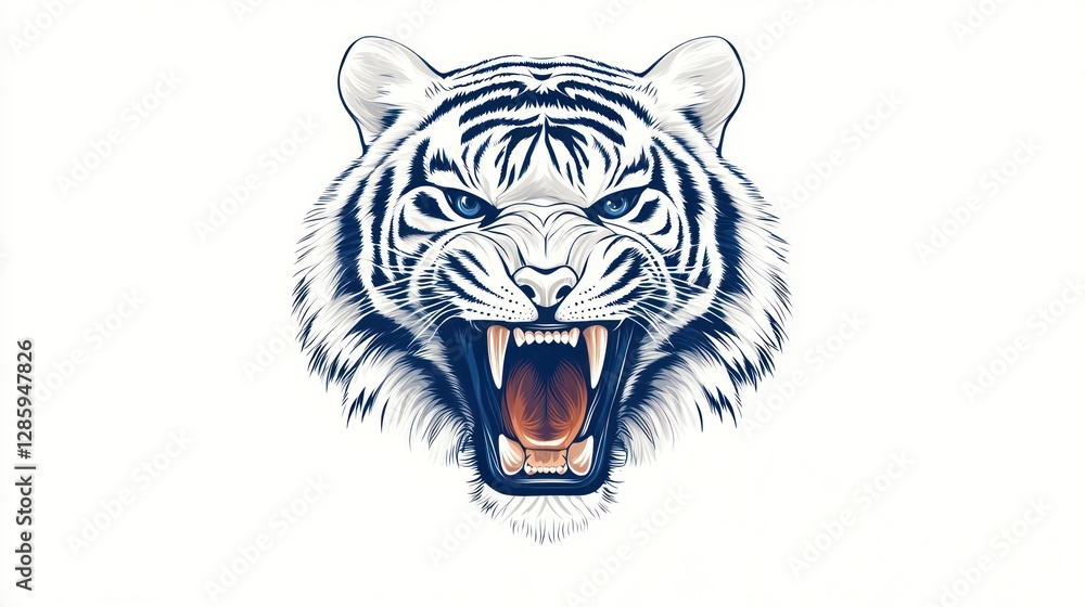 Fototapeta premium White tiger head, roaring, isolated, graphic design, use for animal logo or poster