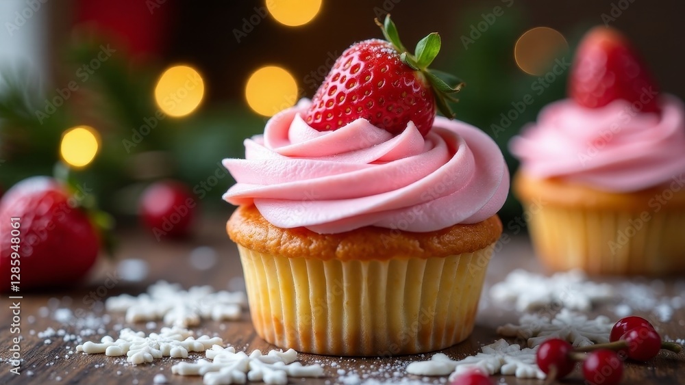 A delightful cupcake topped with a fresh strawberry and swirled pink frosting, adorned with snowflake sprinkles on a rustic wooden surface, creating a festive and sweet ambiance A delightful cupcake topped with a fresh strawberry and swirled pink frosting, adorned with snowflake sprinkles on a rustic wooden surface, creating a festive and sweet ambiance
