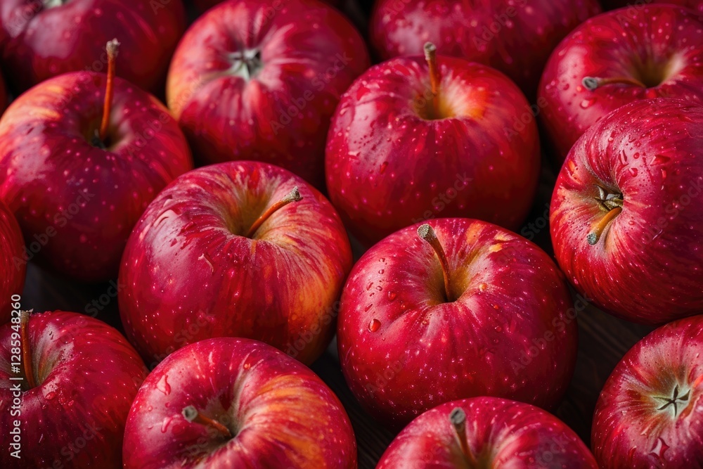 Close-up of many red, juicy apples with water droplets, showcasing their vibrant color and texture. Close-up of many red, juicy apples with water droplets, showcasing their vibrant color and texture.