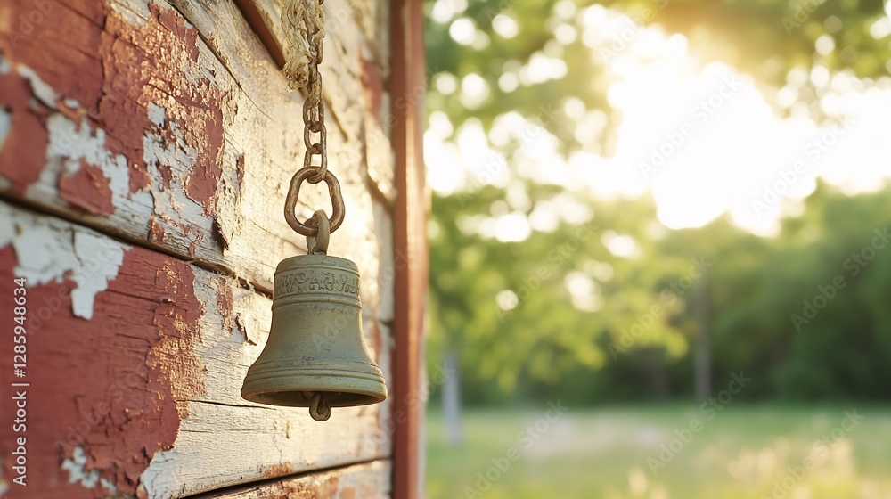 Obraz premium Rustic bell on weathered barn, sunset background