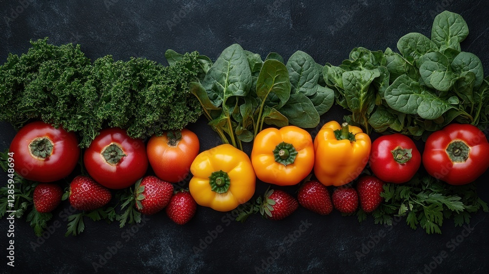 Fresh Vegetables & Berries on Dark Surface Fresh Vegetables & Berries on Dark Surface