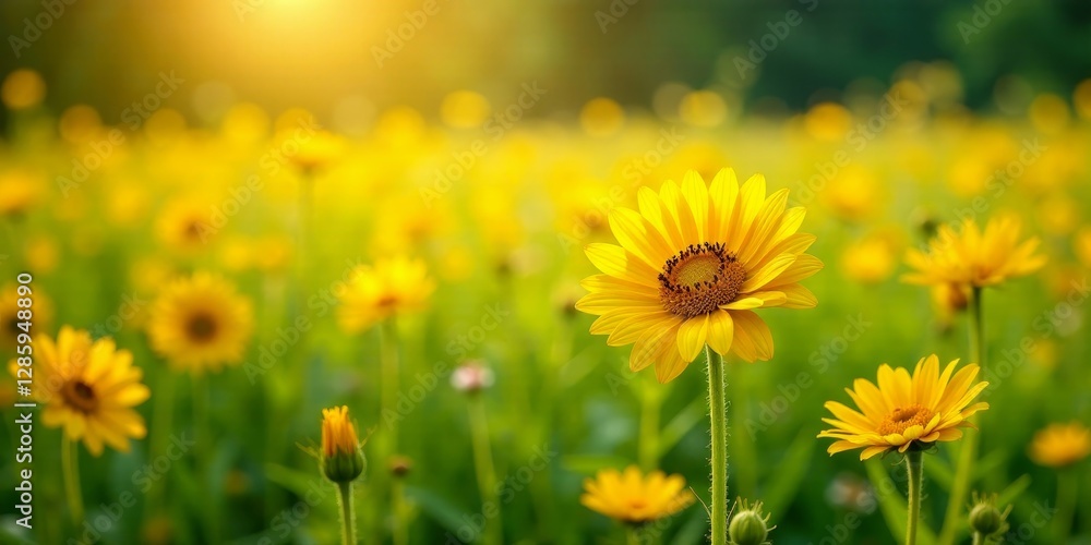 Golden Sunlit Meadow A Vibrant Field of Yellow Flowers Basking in the Warm Glow of the Setting Sun Golden Sunlit Meadow A Vibrant Field of Yellow Flowers Basking in the Warm Glow of the Setting Sun