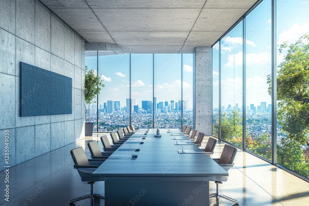 Fototapeta premium A modern conference room with a large window offering a stunning city view