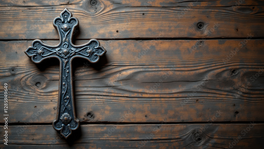 An old metal crucifix on a weathered wooden surface. An old metal crucifix on a weathered wooden surface.