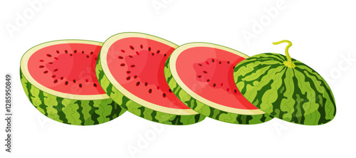 Vector Sliced watermelon. Fresh red chopped watermelon. Large round slices of juicy summer fruit. Healthy vegetarian snack, cut watermelon for design Hand drawn flat style isolated illustration