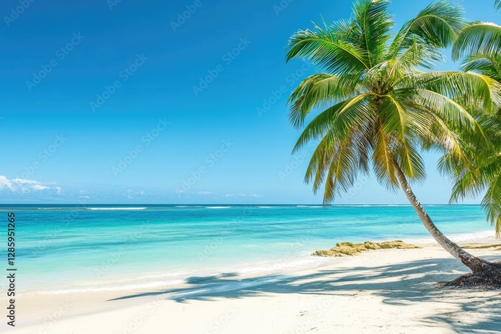 Beach scene with palm trees and ocean view, suitable for travel or leisure images Beach scene with palm trees and ocean view, suitable for travel or leisure images