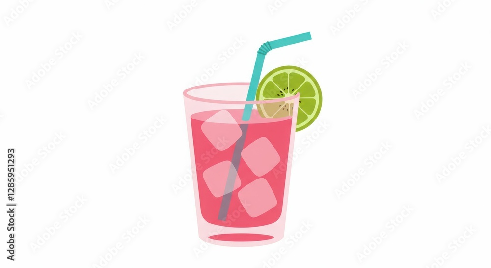 Refreshing pink lemonade with ice cubes and lime slice in glass with straw Refreshing pink lemonade with ice cubes and lime slice in glass with straw