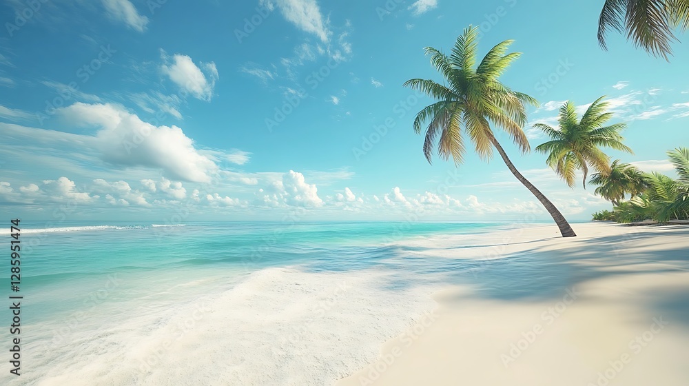 Obraz premium A beautiful tropical beach scene with palm trees and blue sky