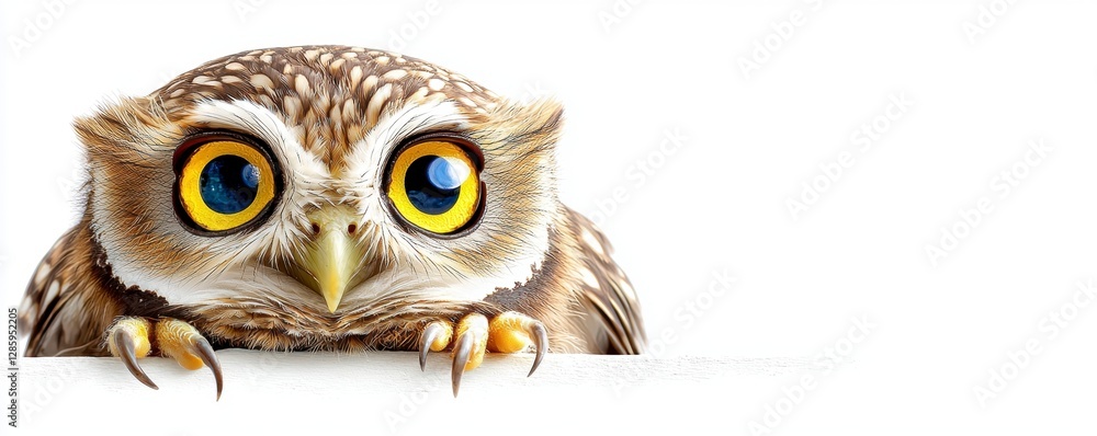 Fototapeta premium Curious Burrowing Owl Peeking Over White Surface