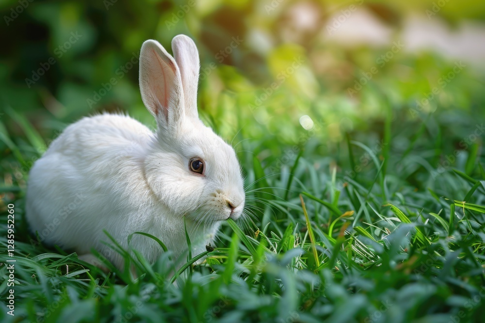 Adorable white rabbit enjoying a meal of fresh green grass in a sunny meadow. Adorable white rabbit enjoying a meal of fresh green grass in a sunny meadow.