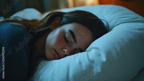 A person resting peacefully on a pillow in a dimly lit room