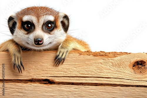 Meerkat peeking over wooden log.