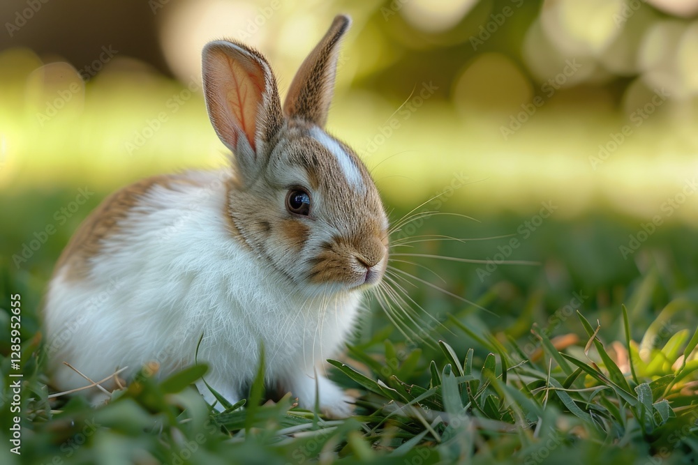 Adorable young rabbit with brown and white fur sits in green grass. Adorable young rabbit with brown and white fur sits in green grass.