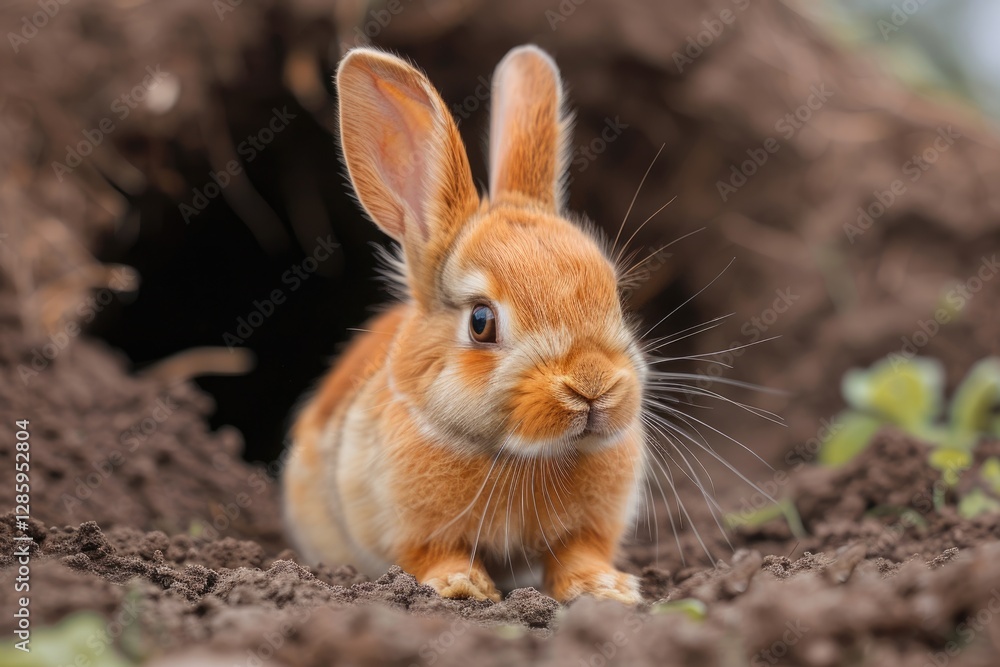 An adorable orange bunny rabbit peeks out from its burrow in the ground. An adorable orange bunny rabbit peeks out from its burrow in the ground.