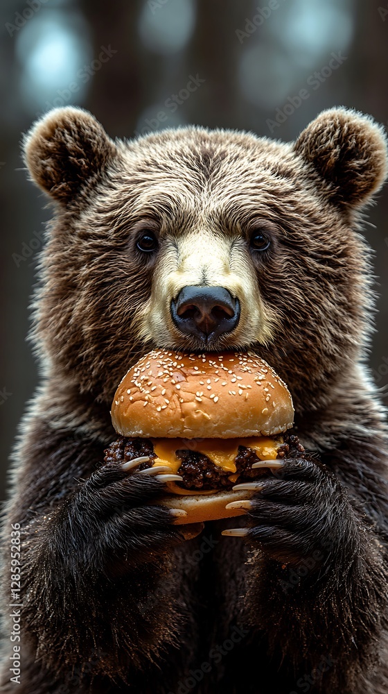 Fototapeta premium A brown bear enjoying a delicious cheeseburger with sesame seeds