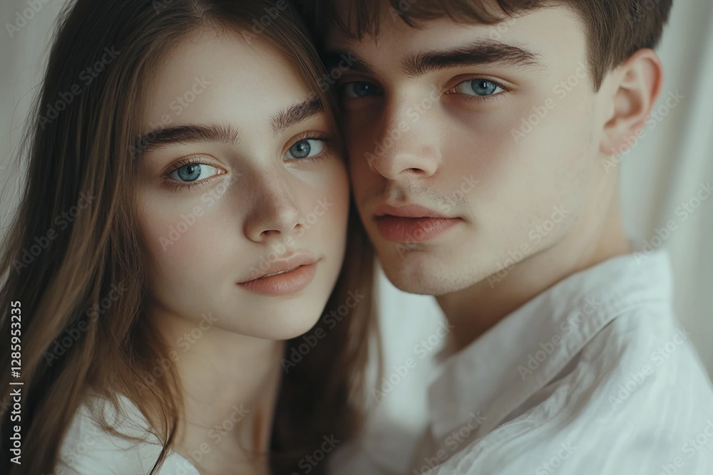 A couple hugging each other on a white background