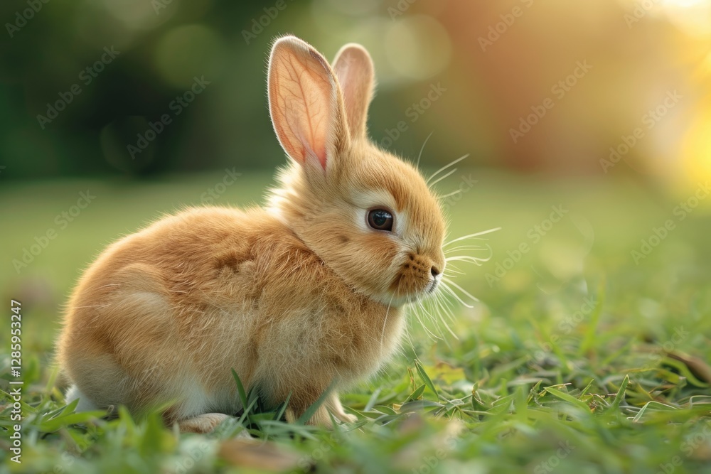 Adorable orange bunny rabbit sitting in green grass, bathed in sunlight. Adorable orange bunny rabbit sitting in green grass, bathed in sunlight.