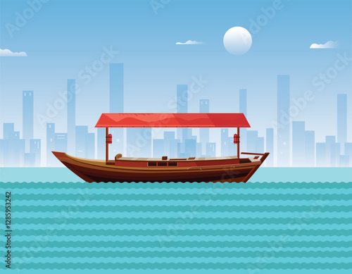 Abra - old traditional wooden boat. Creek Dubai. United Arab Emirates