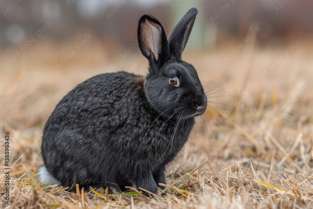 Fototapeta premium A black rabbit sits in dry grass, its fur thick and dark, showcasing its alertness and beauty.