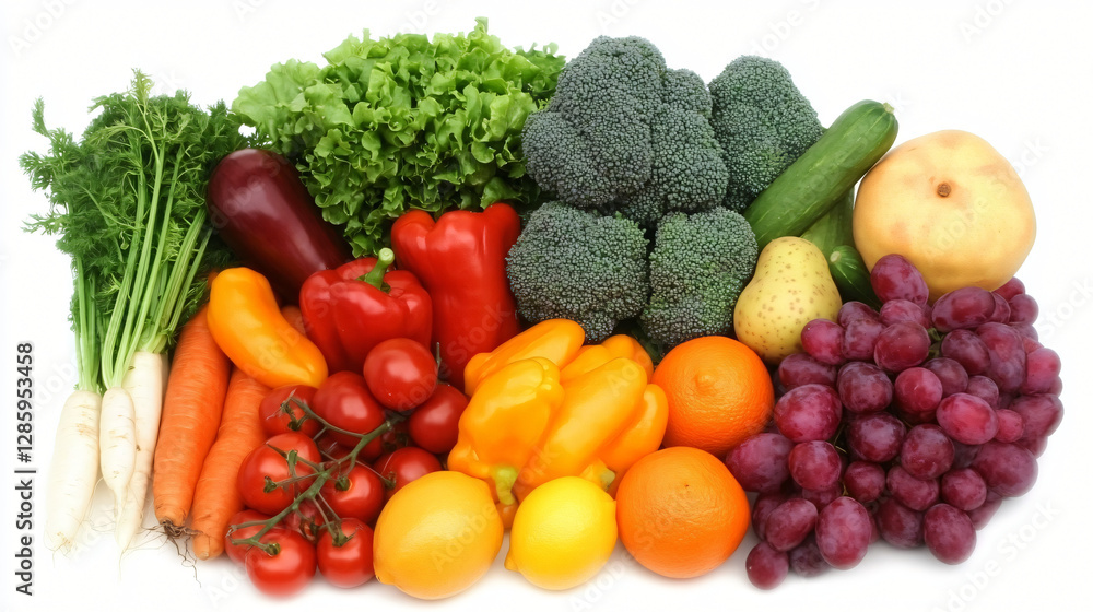 A vibrant and fresh arrangement of fruits and vegetables on a clean white background with natural overhead lighting, creating a healthy and organic food still life A vibrant and fresh arrangement of fruits and vegetables on a clean white background with natural overhead lighting, creating a healthy and organic food still life