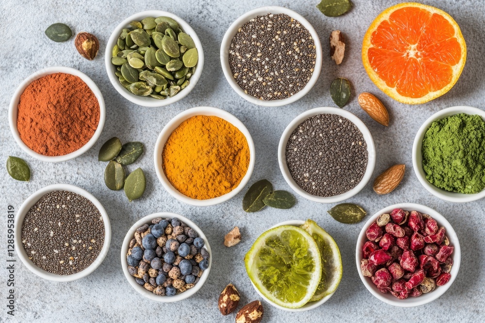 Group of bowls filled with various spices and herbs, ideal for food styling or culinary concept images Group of bowls filled with various spices and herbs, ideal for food styling or culinary concept images