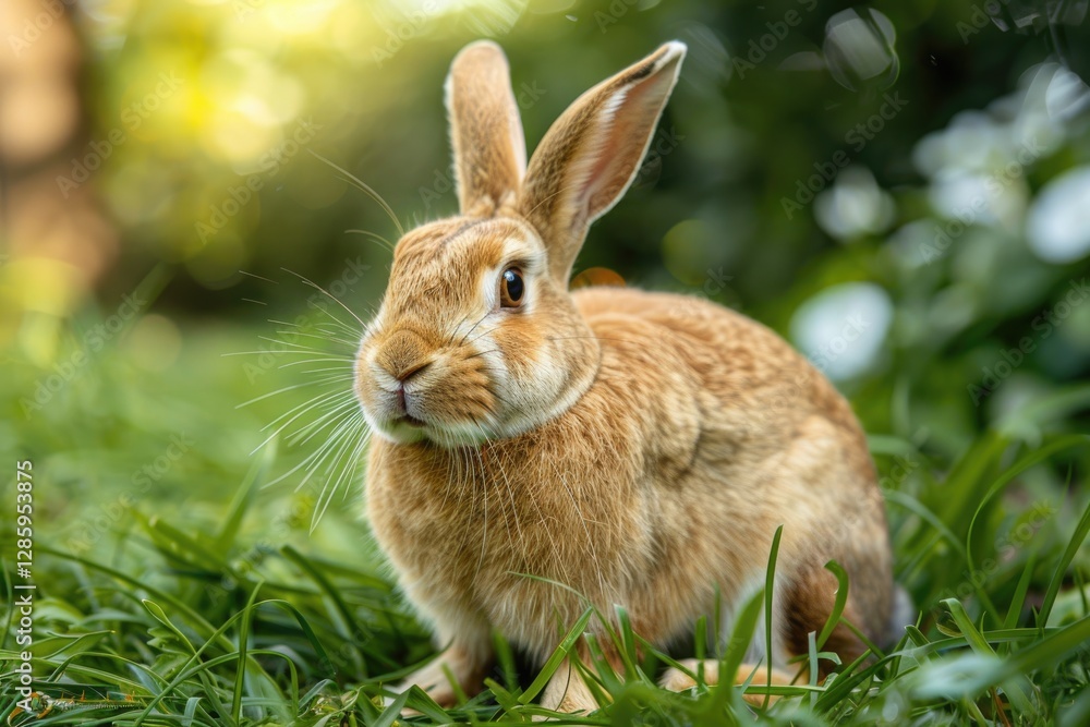 An adorable brown rabbit sits in lush green grass, enjoying the sunny outdoors. An adorable brown rabbit sits in lush green grass, enjoying the sunny outdoors.