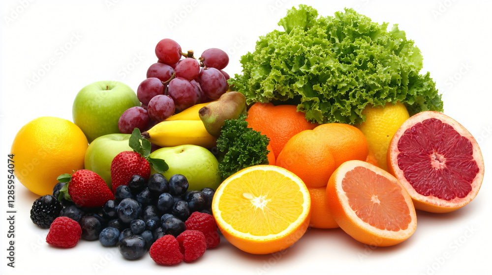 Fresh fruits and vegetables arranged in a vibrant and healthy still life with natural overhead lighting on a clean white background, promoting healthy eating and organic living Fresh fruits and vegetables arranged in a vibrant and healthy still life with natural overhead lighting on a clean white background, promoting healthy eating and organic living