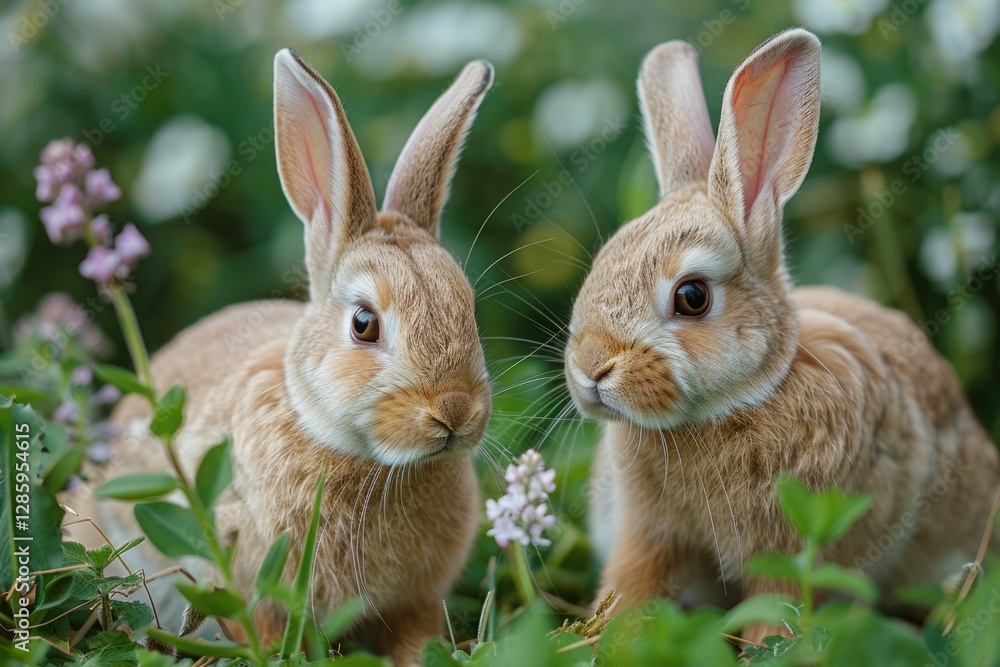 Obraz premium Two adorable brown bunnies nestled together in a lush green meadow, surrounded by wildflowers.