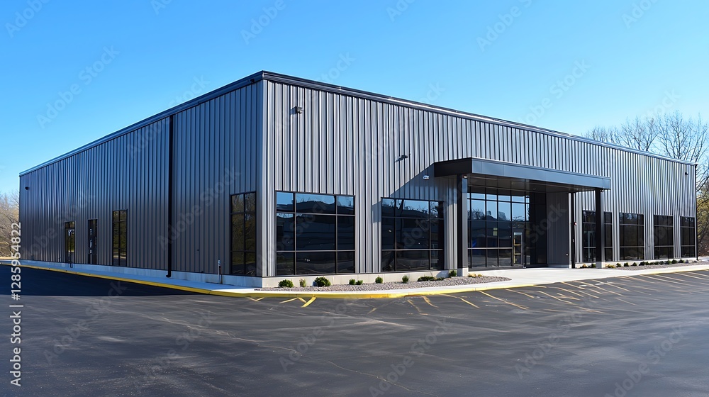 Obraz premium Modern steel exterior of a warehouse office, featuring sharp lines and a streamlined design.