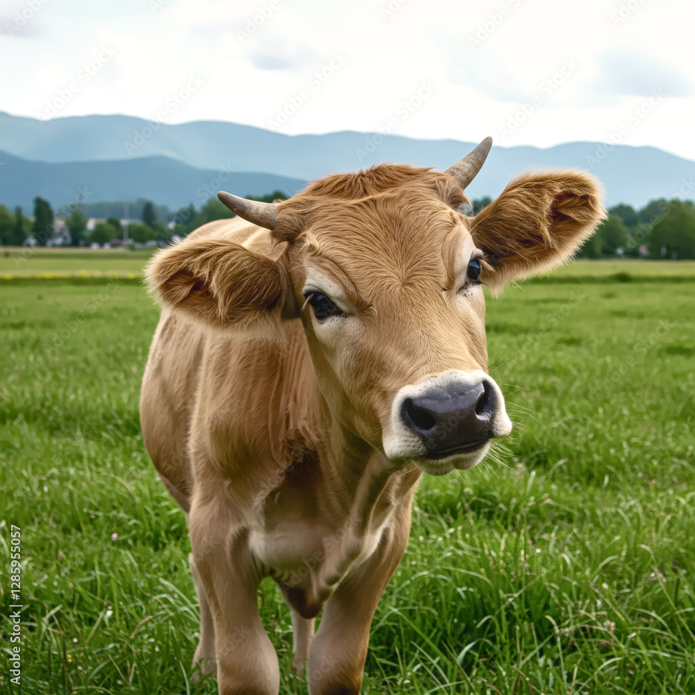 Rural Serenity: A curious cow stands in a vibrant green field with rolling hills in the background, creating a scene of pastoral tranquility. Rural Serenity: A curious cow stands in a vibrant green field with rolling hills in the background, creating a scene of pastoral tranquility.