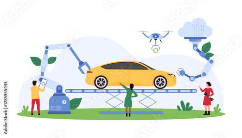 Tiny people assembling a vehicle with robotic arms and drones, illustrating innovation, technology, and teamwork in automotive manufacturing vector illustration.