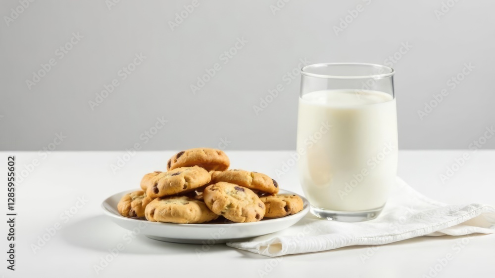 A plate of chocolate chip cookies and a glass of milk on a white table. Concept of classic snack. A plate of chocolate chip cookies and a glass of milk on a white table. Concept of classic snack.