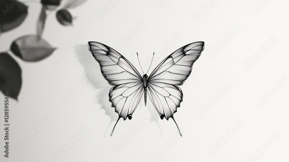 Obraz premium Elegant butterfly sketch, soft light, rose shadow, artistic