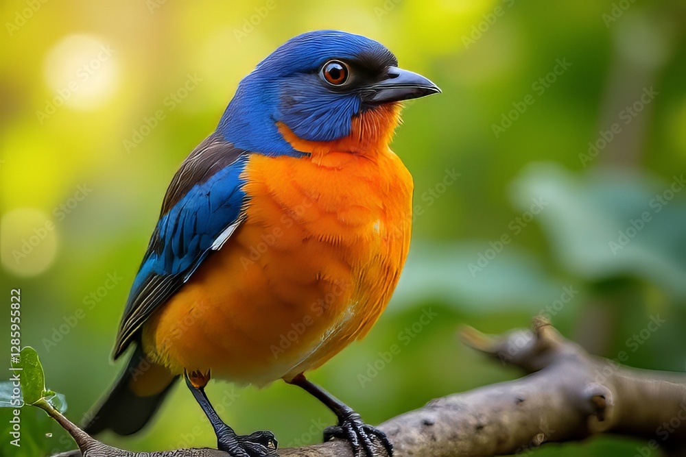 Fototapeta premium Vibrant Blue and Orange Bird Perched on Branch