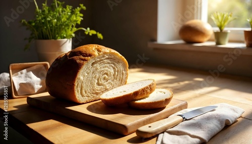 baked fresh bread on the table in a sunny kitchen
