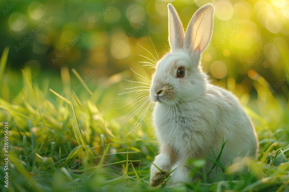 Adorable white rabbit sitting in lush green grass, bathed in warm sunlight. Adorable white rabbit sitting in lush green grass, bathed in warm sunlight.
