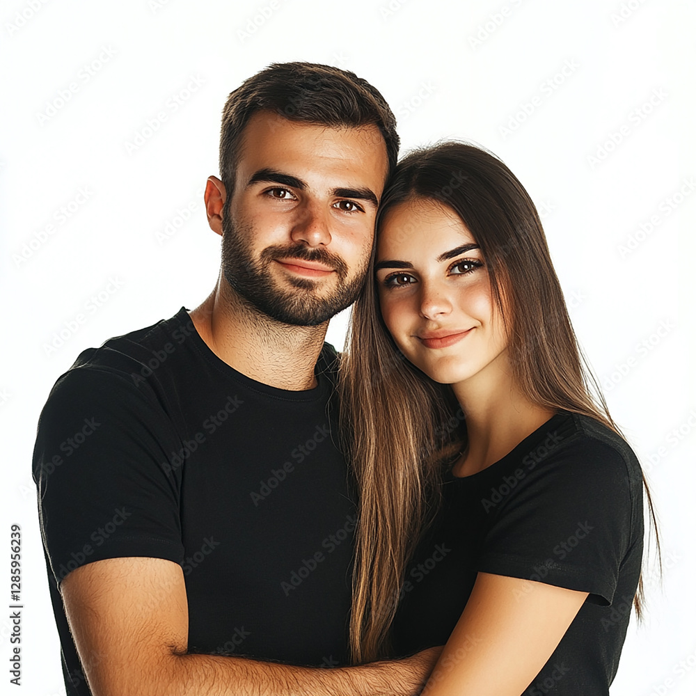Fototapeta premium A couple hugging each other on a white background