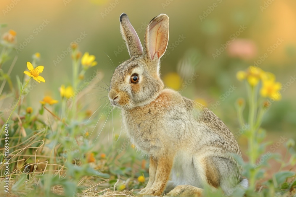 Fototapeta premium A young, adorable rabbit sits amidst a field of vibrant yellow wildflowers, enjoying the tranquil beauty of nature.