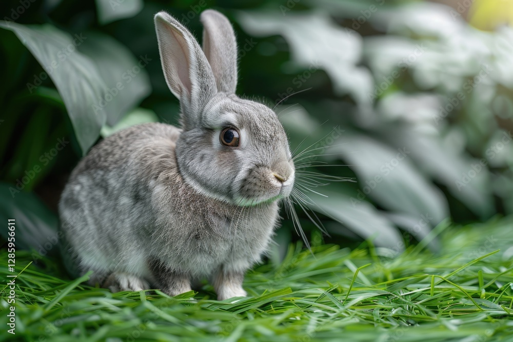 Adorable grey rabbit sits in lush green grass, enjoying the outdoors. Adorable grey rabbit sits in lush green grass, enjoying the outdoors.
