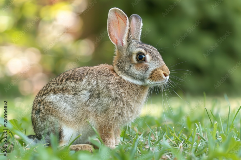 A young eastern cottontail rabbit sits in lush green grass, alert and curious. A young eastern cottontail rabbit sits in lush green grass, alert and curious.