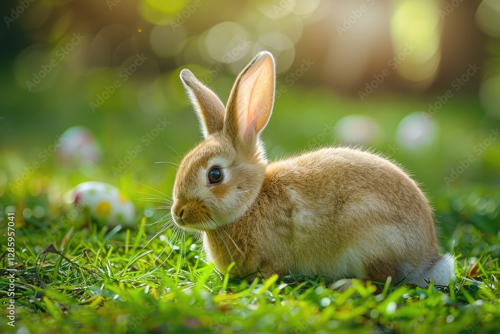 Fototapeta premium Adorable brown bunny rabbit resting peacefully in lush green grass near colorful Easter eggs.