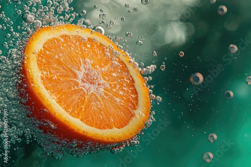 Orange falling into water with bubbles forming