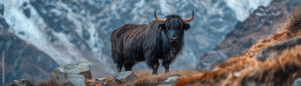 Majestic yak standing on rocky mountain terrain with snow-capped peaks in the background. Majestic yak standing on rocky mountain terrain with snow-capped peaks in the background.