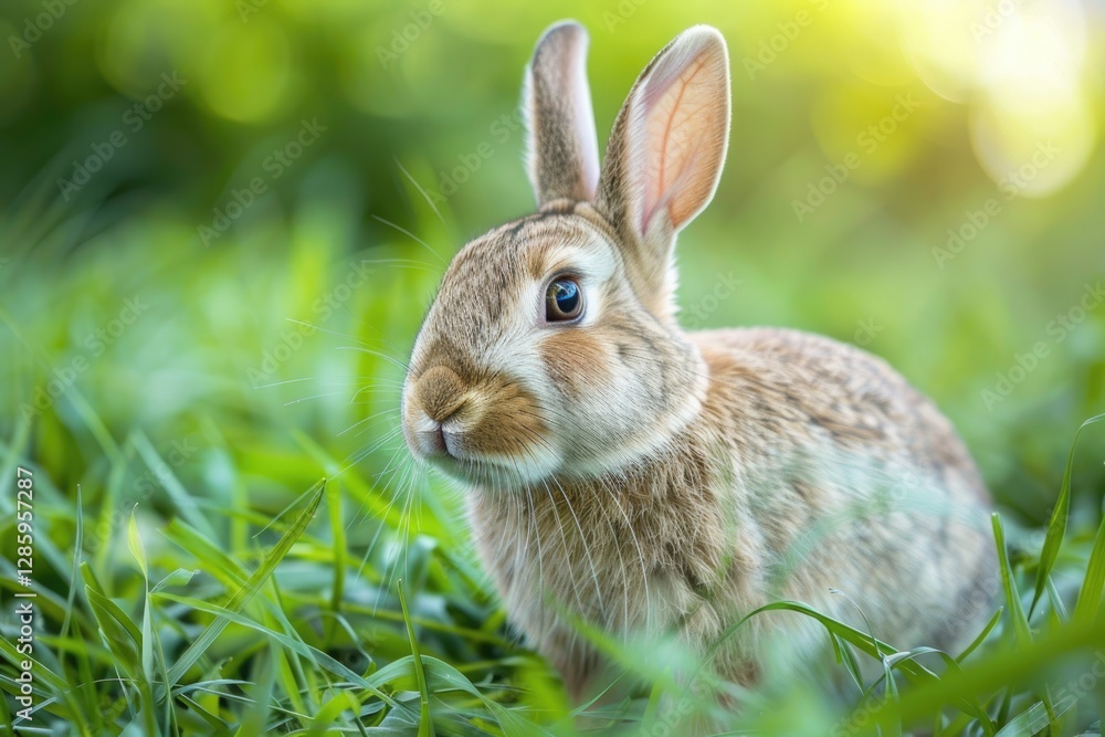 Fototapeta premium Adorable brown rabbit sits in lush green grass, enjoying the sunny day.
