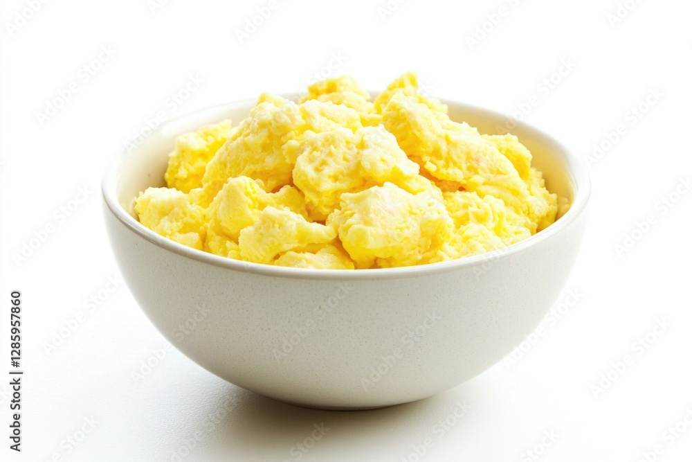 A white bowl filled with scrambled eggs sitting on a table A white bowl filled with scrambled eggs sitting on a table